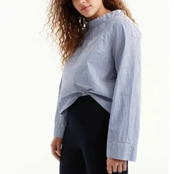J. Crew Funnelneck Striped Shirt Blue White Button Long Sleeve Women's 4 - Picture 3 of 4